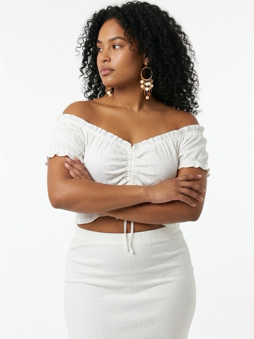 SHEIN White Ruched Tie-Front Off-Shoulder Crop Top